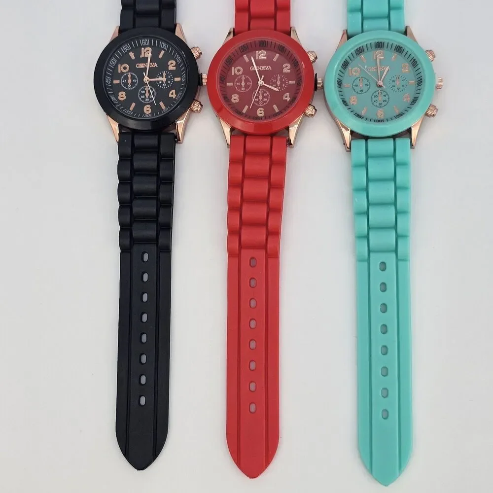 3X Analog Women's Fashion Watches 38MM Black Red Teal Dial‎ Plastic Band Straps